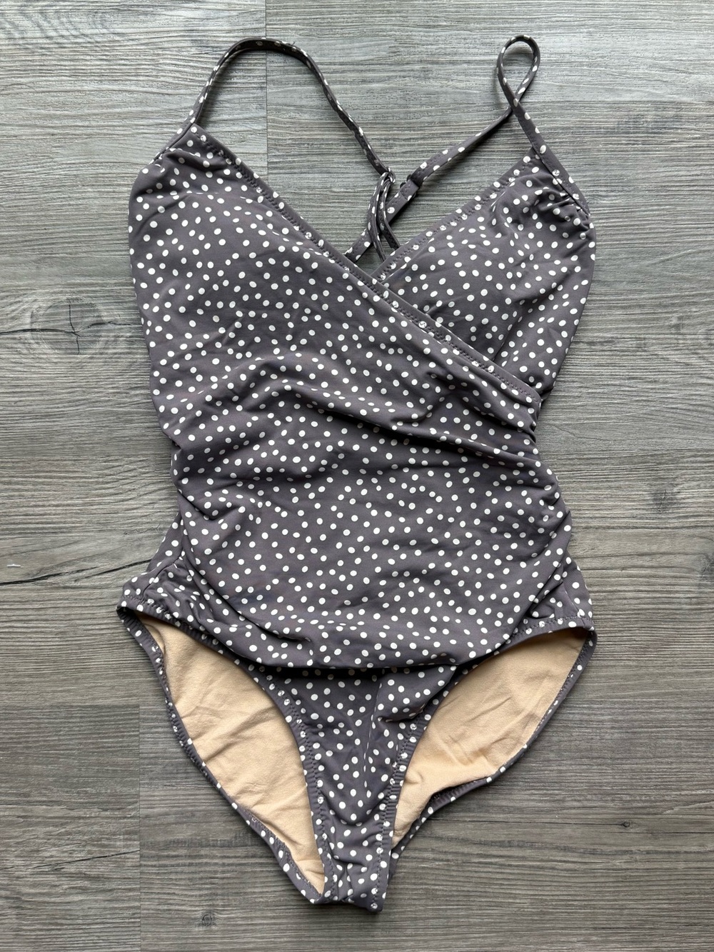 Garnet Hill Gray Polka Dot One Piece Swimsuit Women’s Size 4 Ruched
